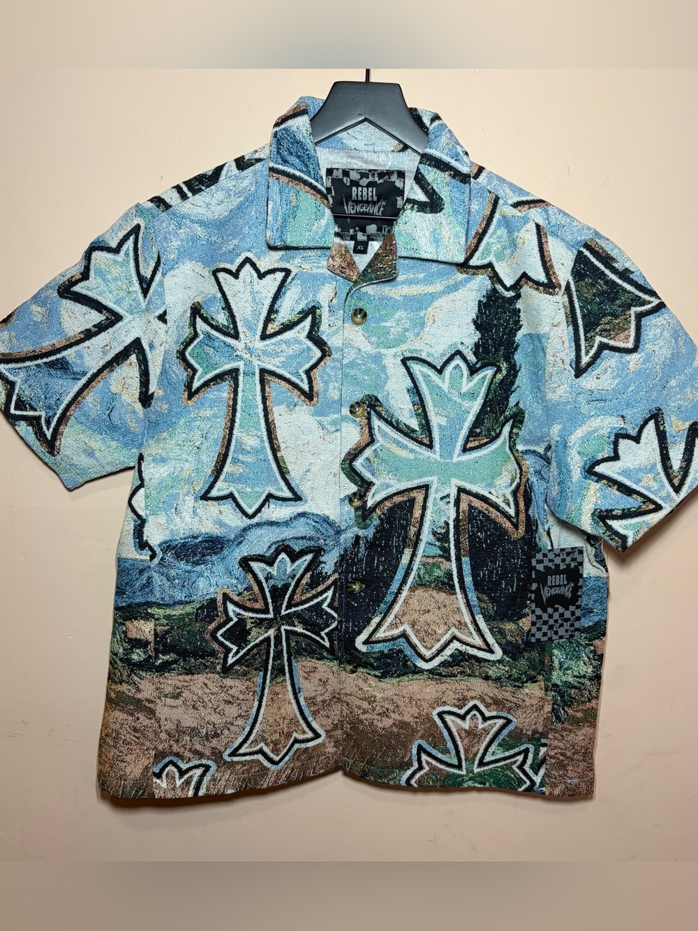 Rebel Vengeance XL Tapestry Cross Print Button Up Y2K Shirt